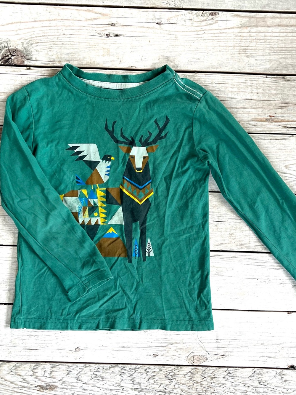 Tea Collection Teal Long Sleeve Tee with Geometric Deer & Bird